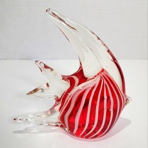 Hand Fused Red White Striped Glass Angel Fish Excellent Condition
